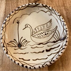 Vintage Handmade Folk Art Pottery Swan  Rustic Studio Pottery Brown Slip Decor